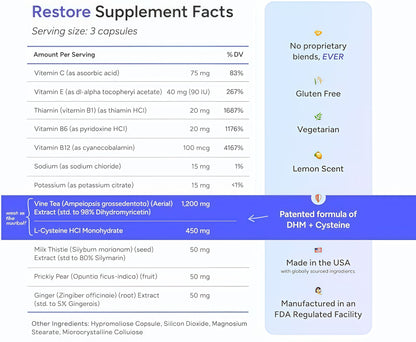 Cheers Restore | Supplement with DHM + L-Cysteine | Feel Better After Drinking & Support Your Liver | 12 Doses | Dihydromyricetin, Cysteine, Milk Thistle, Prickly Pear, B-Vitamins, Ginger